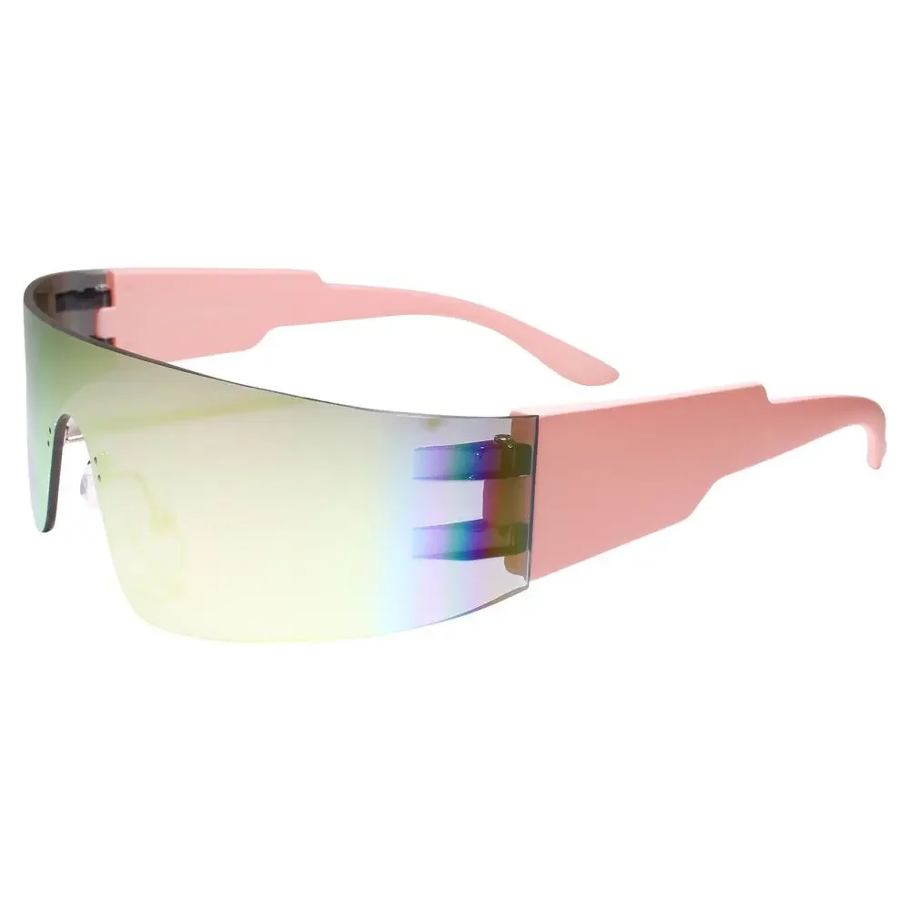 Trendy Rimless Futuristic Wrap Around Sunglasses Pink Mirrored Cyberpunk Visor